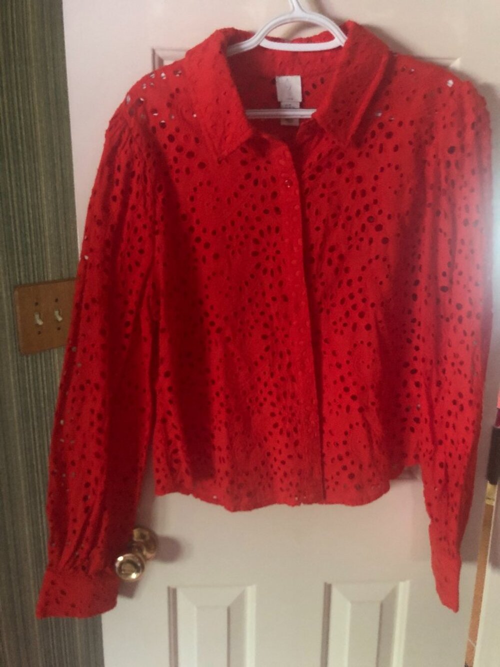 Red eyelet and long sleeved collared top.See through Sz XL